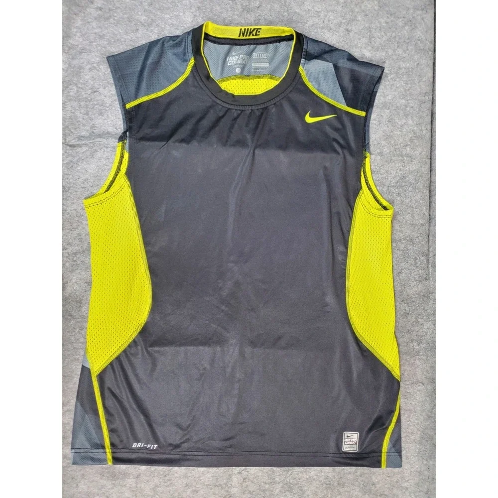 Nike Tank Top Mens L Grey Volt Yellow Stretch Pro Combat Dri-Fit 485172-013